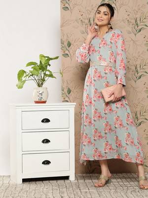 Grey printed silk long-dresses 4