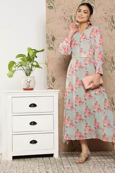 Grey printed silk long-dresses