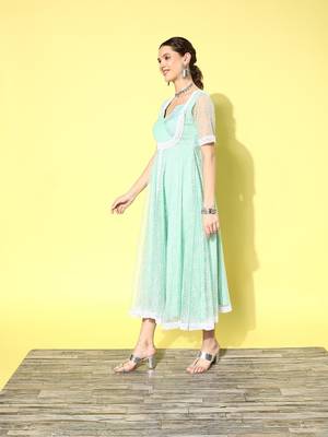 Sea-green printed net long-dresses 2