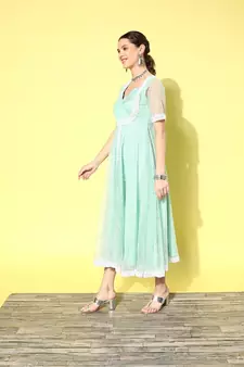 Sea-green printed net long-dresses