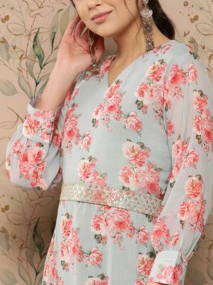 Grey printed silk long-dresses 5