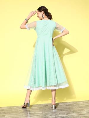 Sea-green printed net long-dresses 3