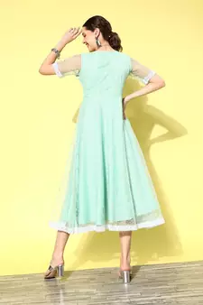 Sea-green printed net long-dresses
