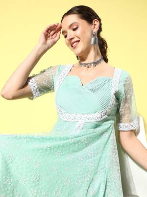 Sea-green printed net long-dresses 4