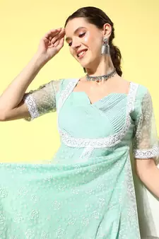 Sea-green printed net long-dresses