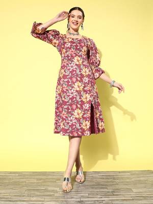 Burgundy printed cotton long-dresses 1
