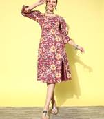 Burgundy printed cotton long-dresses