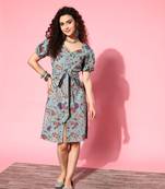 Blue printed cotton long-dresses