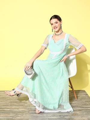 Sea-green printed net long-dresses 5
