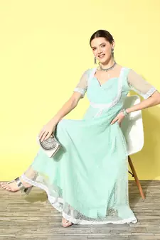 Sea-green printed net long-dresses