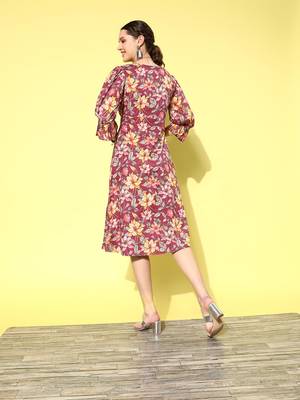 Burgundy printed cotton long-dresses 3