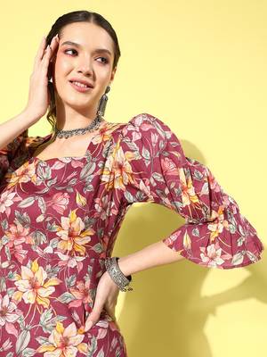 Burgundy printed cotton long-dresses 4