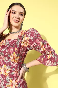 Burgundy printed cotton long-dresses