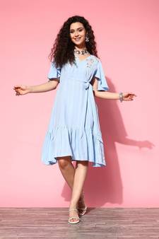 Sky-blue plain viscose rayon long-dresses