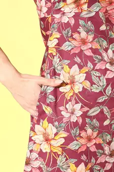 Burgundy printed cotton long-dresses