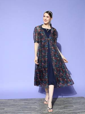 Navy-blue printed silk blend long-dresses 1