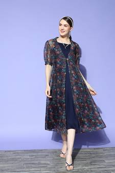 Navy-blue printed silk blend long-dresses