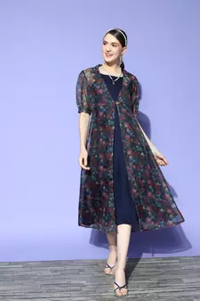 Navy-blue printed silk blend long-dresses