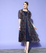 Navy-blue printed silk blend long-dresses