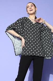 Black printed viscose rayon cotton-tops