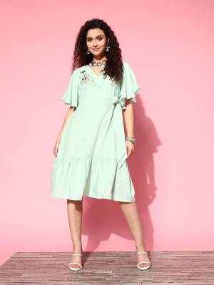 Sea-green plain viscose rayon long-dresses 1