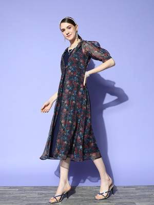 Navy-blue printed silk blend long-dresses 2
