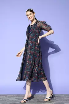 Navy-blue printed silk blend long-dresses