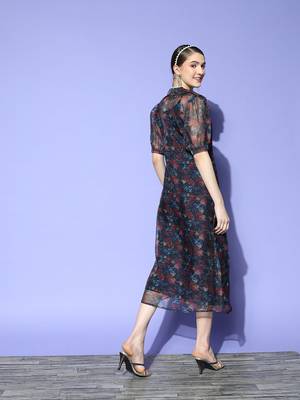 Navy-blue printed silk blend long-dresses 3