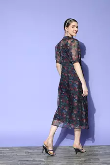 Navy-blue printed silk blend long-dresses