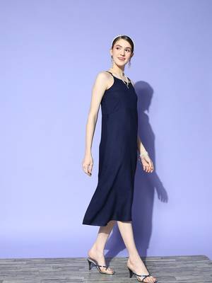 Navy-blue printed silk blend long-dresses 4