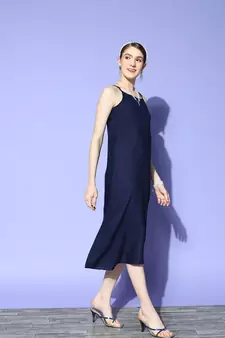 Navy-blue printed silk blend long-dresses