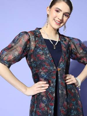 Navy-blue printed silk blend long-dresses 5