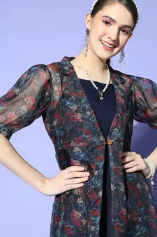 Navy-blue printed silk blend long-dresses