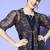 Navy-blue printed silk blend long-dresses