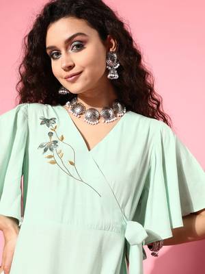Sea-green plain viscose rayon long-dresses 4