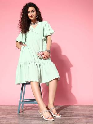 Sea-green plain viscose rayon long-dresses 5