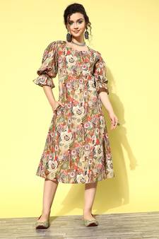 Olive printed cotton long-dresses