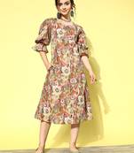 Olive printed cotton long-dresses