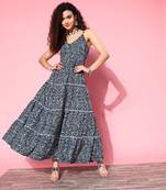 Blue printed cotton long-dresses