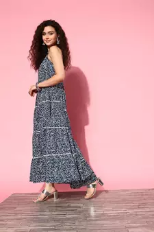 Blue printed cotton long-dresses