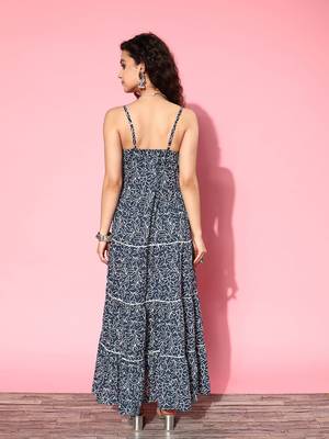 Blue printed cotton long-dresses 3
