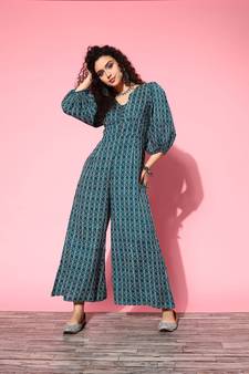 Teal printed cotton long-tops