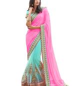 Pink And Light Green Georgette And Net Half-Half Designer Saree With Blouse Piece.