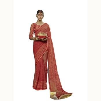 Red woven georgette saree with blouse 1