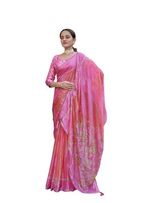 Pink woven chiffon saree with blouse 1
