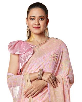 Pink woven georgette saree with blouse 2