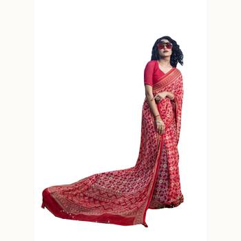 Red woven georgette saree with blouse 1