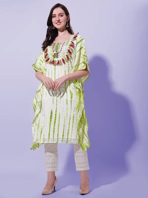 Green Off White Shibori Printed Mirror Gotta Patti Rayon Kaftan Kurta 1