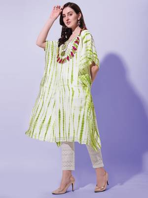 Green Off White Shibori Printed Mirror Gotta Patti Rayon Kaftan Kurta 2