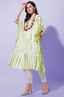 Green Off White Shibori Printed Mirror Gotta Patti Rayon Kaftan Kurta